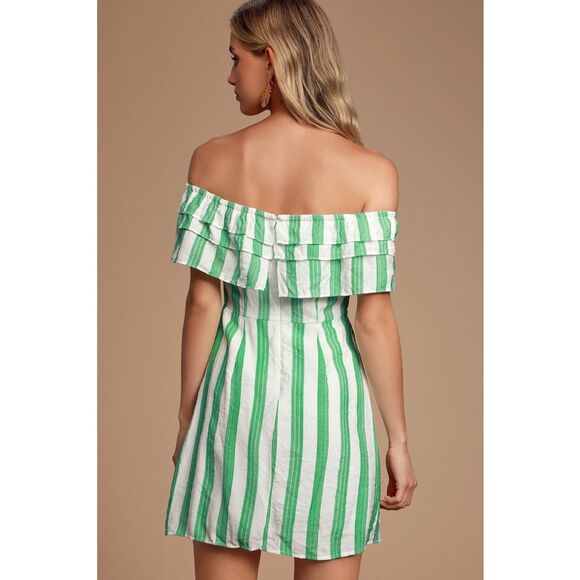 NWT Lulus Persephone White & Green Striped Off the Shoulder Ruffle Dress Size S - Picture 4 of 16